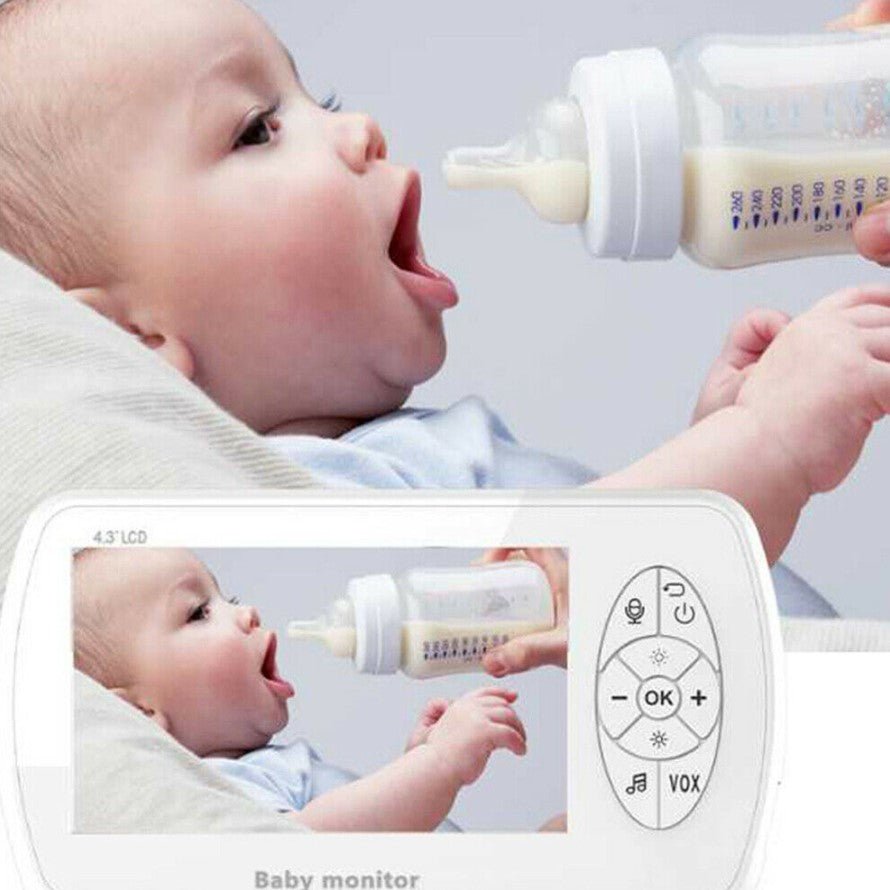 Baby monitor pentru camera copilului , Wireless , HD 1080P si 4.3 inch, audio, bidirectional, senzori, viziune de noapte IR, 6 cantece, alb - BUZ.RO