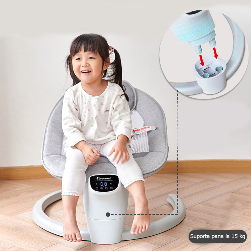 Balansoar bebelusi, leagan copii, electric, portabil, cu conectare la priza, telecomanda, timer si muzica, gri