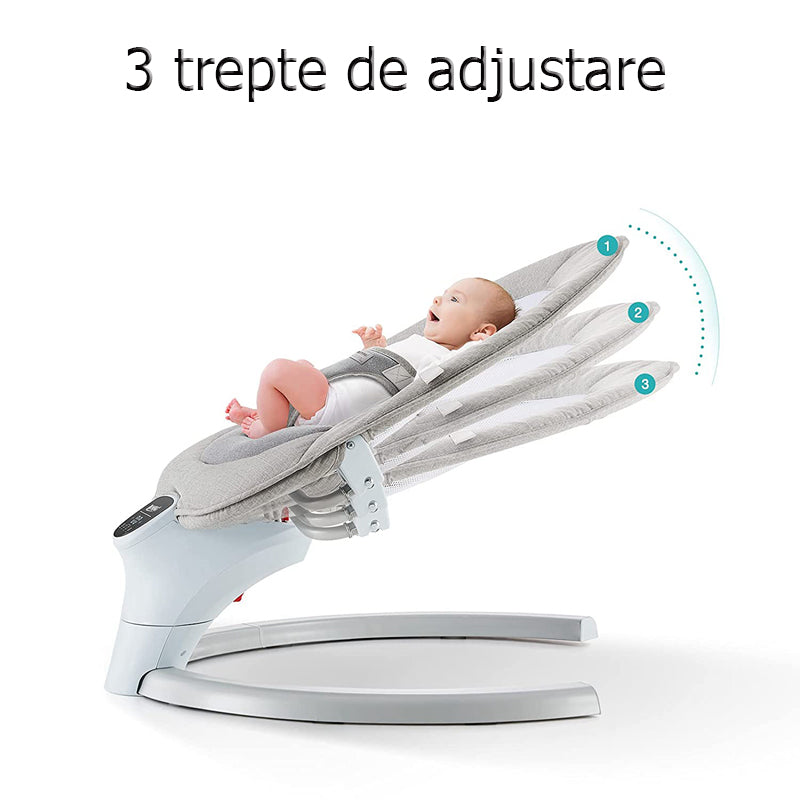 Balansoar bebelusi, leagan copii, electric, portabil, cu conectare la priza, telecomanda, timer si muzica, gri