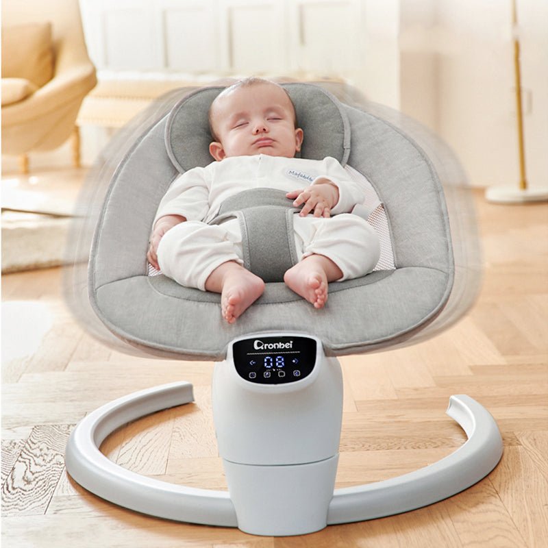 Balansoar bebelusi, leagan copii, electric, portabil, cu conectare la priza, telecomanda, timer si muzica, gri - BUZ.RO