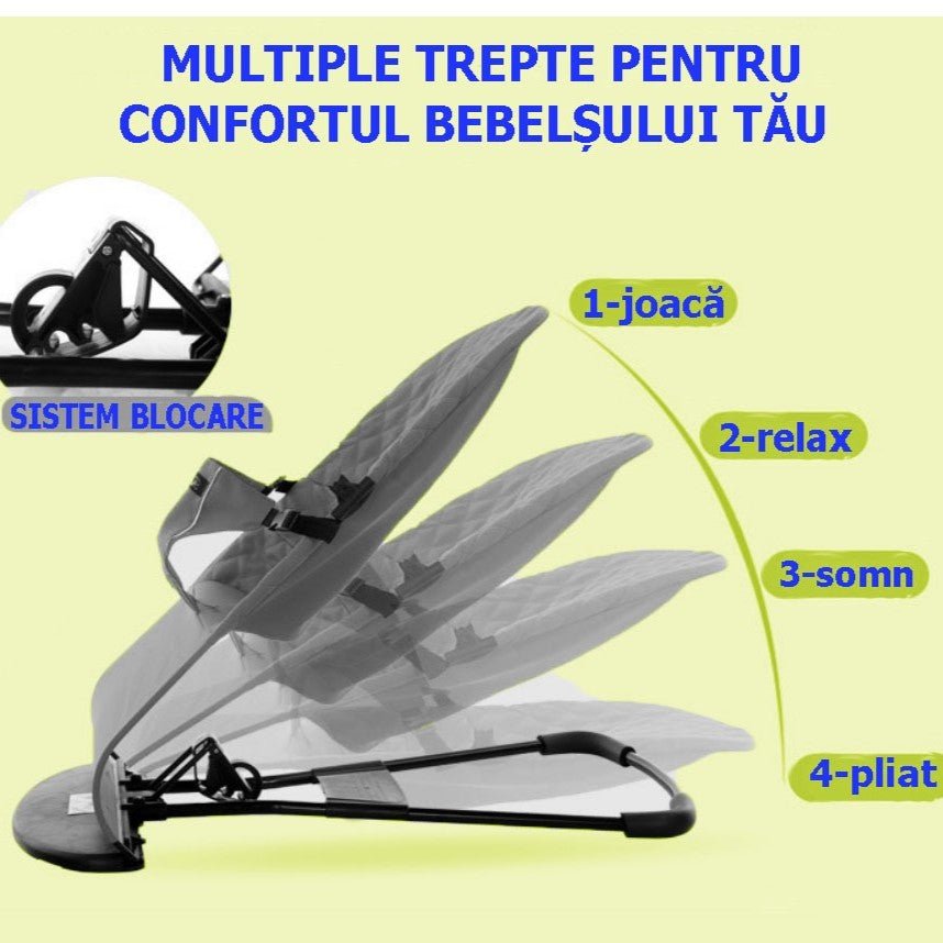 Balansoar copii leagan ergonomic bebe cu inclinare reglabila, pliabil, 0+luni, gri - BUZ.RO