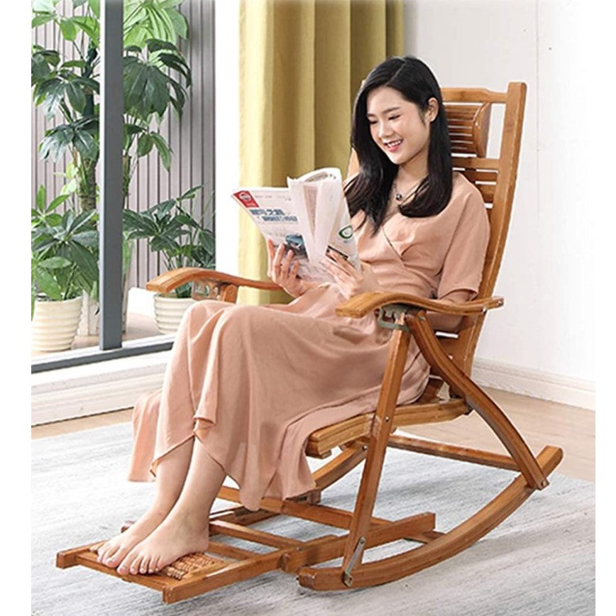 Balansoar de lemn cu suport picioare, scaun balansoar cu spatar ajustabil si rola masaj picioare, dimensiuni 122x79x46cm