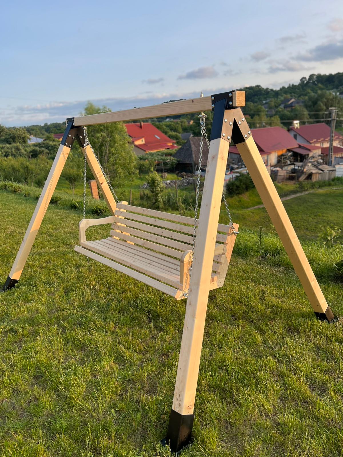 Balansoar / leagan gradina cu structura din lemn de brad, cu conectori metalici, rustic, 3 persoane, set pentru terasa / curte, culoare natur, 150 KG - BUZ.RO