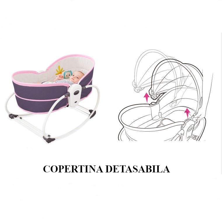 Balansoar pentru bebe, leagan 5in1, multifunctional, carusel muzical inclus, vibratii, plasa de tantari, spatar reglabil, mov - BUZ.RO