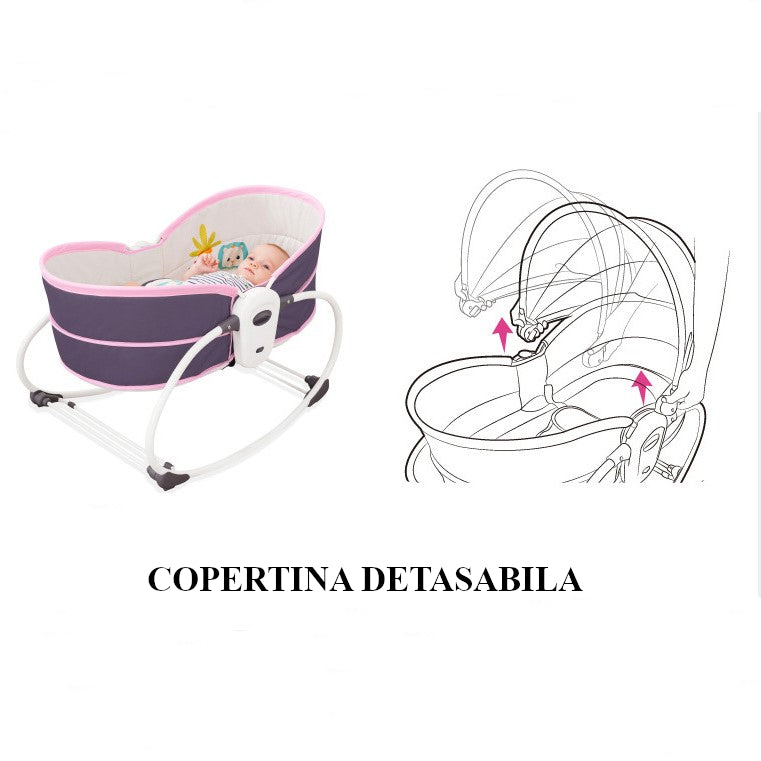 Balansoar pentru bebe, leagan 5in1, multifunctional, carusel muzical inclus, vibratii, plasa de tantari, spatar reglabil, mov