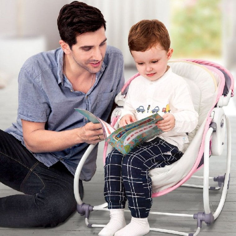 Balansoar pentru bebe, leagan 5in1, multifunctional, carusel muzical inclus, vibratii, plasa de tantari, spatar reglabil, mov