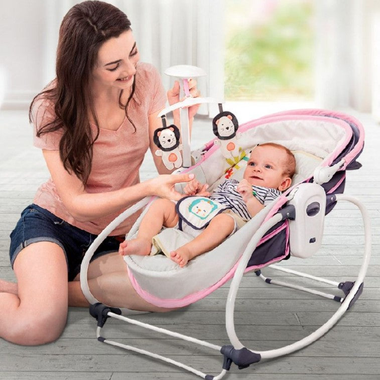 Balansoar pentru bebe, leagan 5in1, multifunctional, carusel muzical inclus, vibratii, plasa de tantari, spatar reglabil, mov