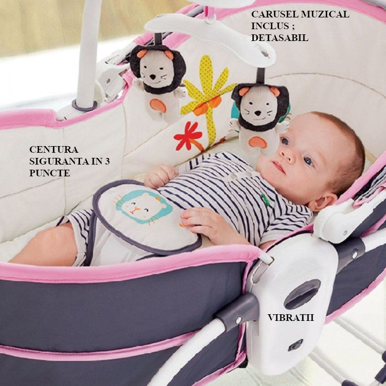 Balansoar pentru bebe, leagan 5in1, multifunctional, carusel muzical inclus, vibratii, plasa de tantari, spatar reglabil, mov