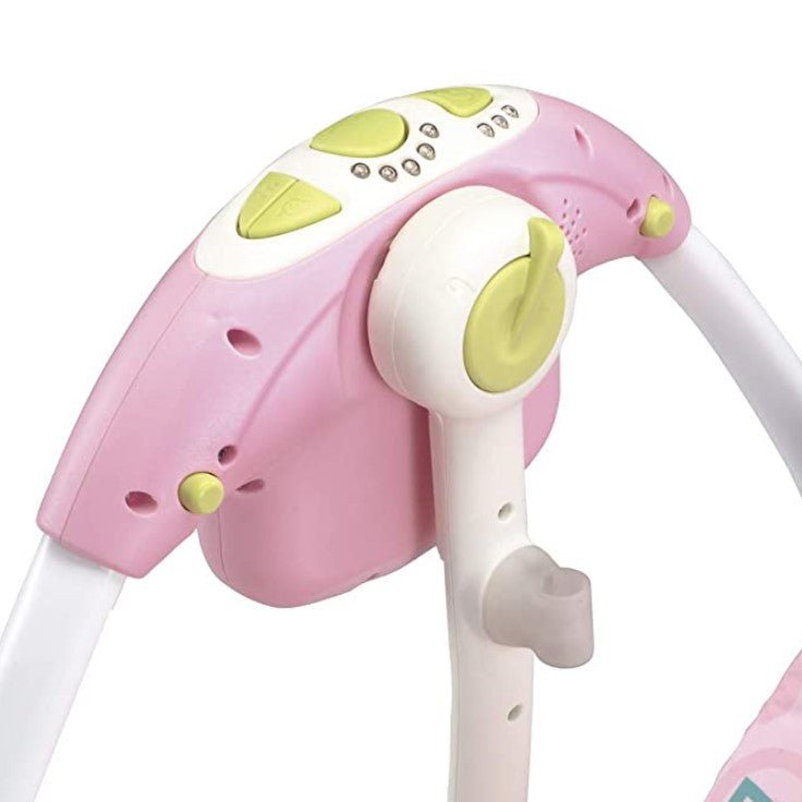 Balansoar pentru bebe, leagan electric, muzical, cu bara de activitati, telecomanda, timer, centura siguranta, roz - BUZ.RO