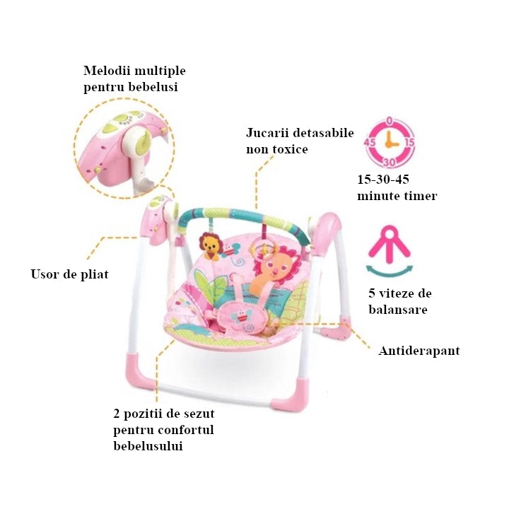 Balansoar pentru bebe, leagan electric, muzical, cu bara de activitati, telecomanda, timer, centura siguranta, roz