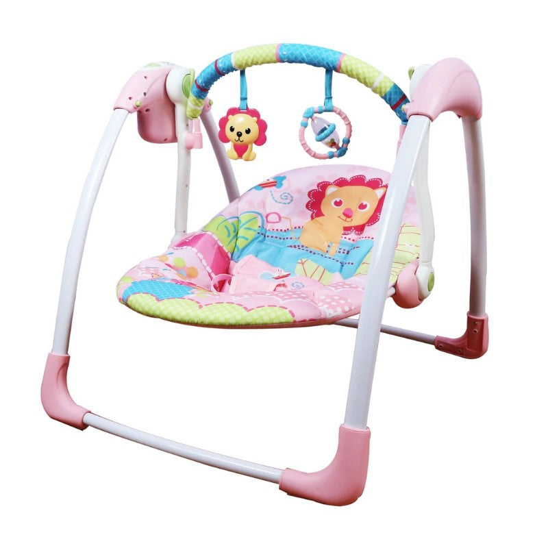 Balansoar pentru bebe, leagan electric, muzical, cu bara de activitati, telecomanda, timer, centura siguranta, roz