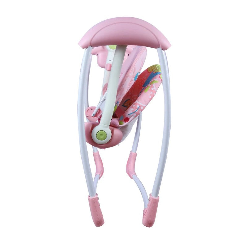 Balansoar pentru bebe, leagan electric, muzical, cu bara de activitati, telecomanda, timer, centura siguranta, roz