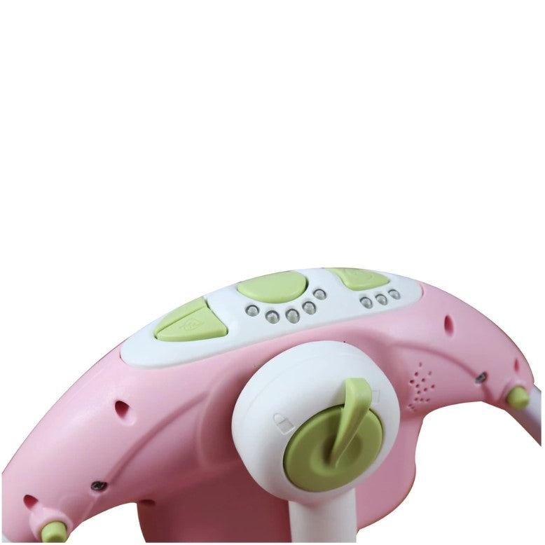 Balansoar pentru bebe, leagan electric, muzical, cu bara de activitati, telecomanda, timer, centura siguranta, roz