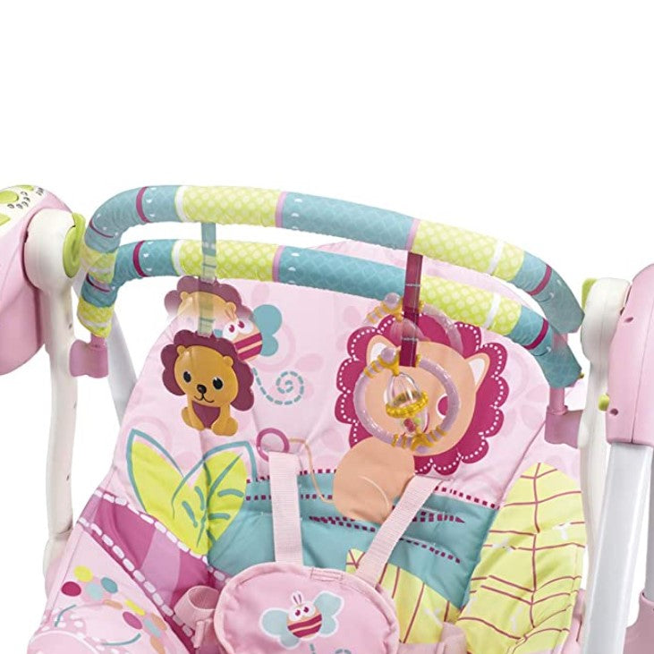 Balansoar pentru bebe, leagan electric, muzical, cu bara de activitati, telecomanda, timer, centura siguranta, roz