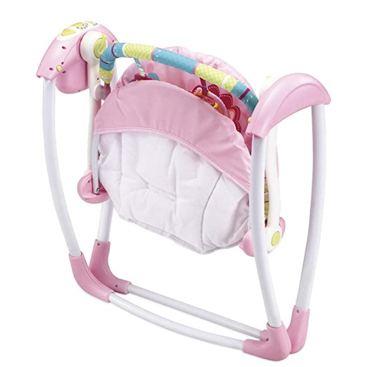 Balansoar pentru bebe, leagan electric, muzical, cu bara de activitati, telecomanda, timer, centura siguranta, roz