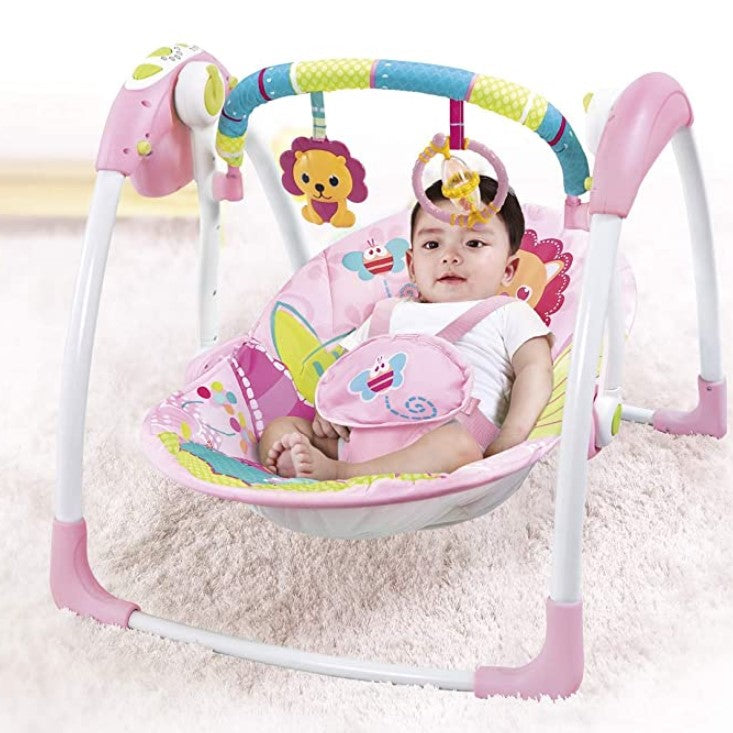 Balansoar pentru bebe, leagan electric, muzical, cu bara de activitati, telecomanda, timer, centura siguranta, roz