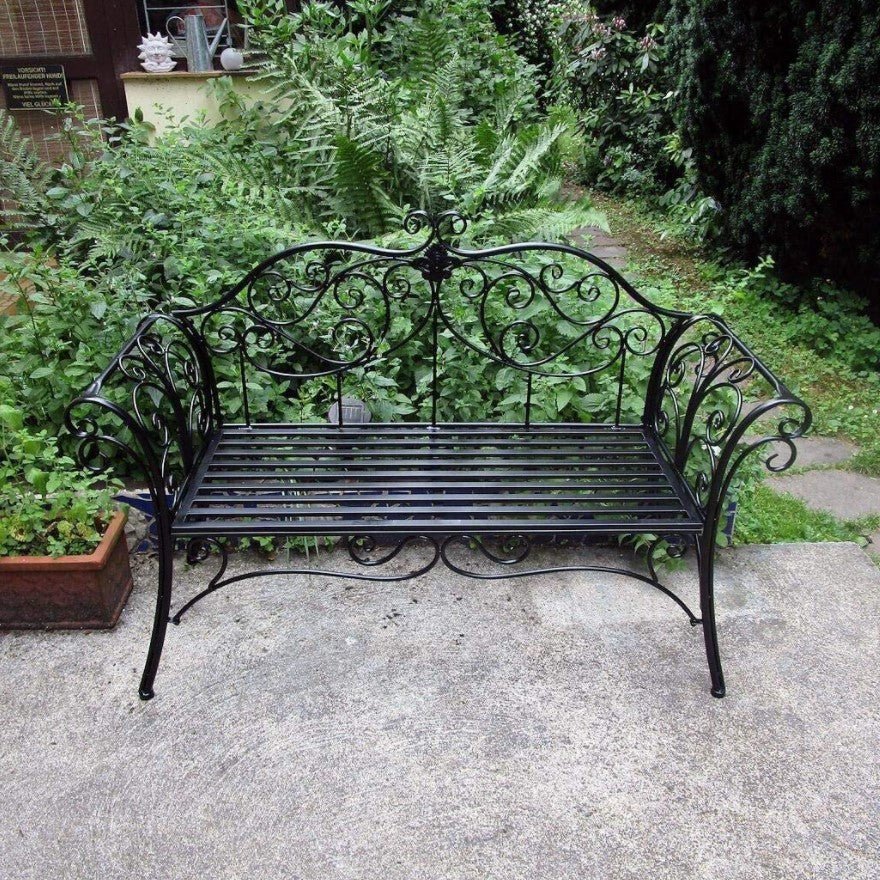 Banca pentru gradina, exterior, din metal, pentru 2 persoane, cu spatar, din fonta, neagra - BUZ.RO