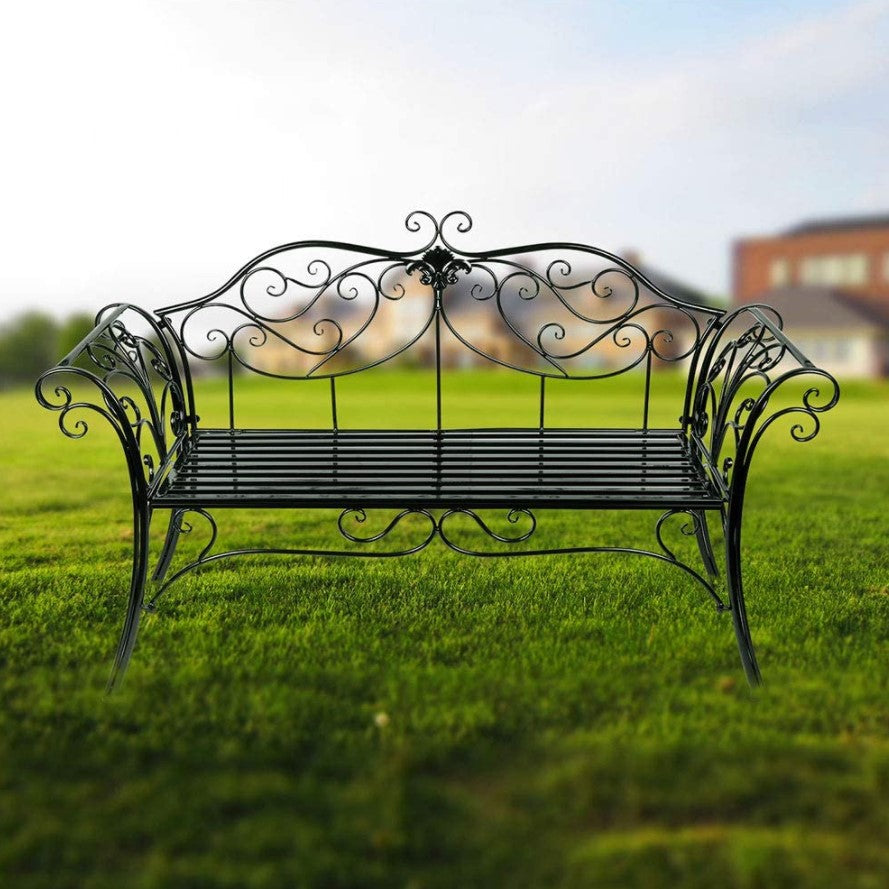 Banca pentru gradina, exterior, din metal, pentru 2 persoane, cu spatar, din fonta, neagra