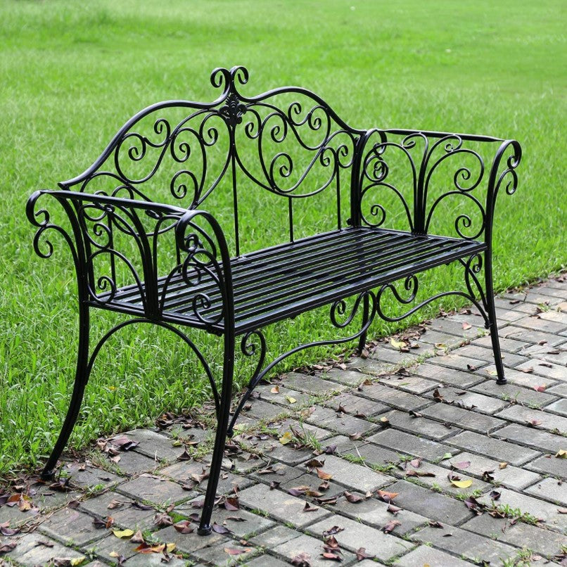 Banca pentru gradina, exterior, din metal, pentru 2 persoane, cu spatar, din fonta, neagra