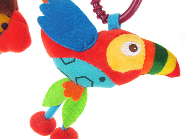 Bara de activitati cu jucarii senzoriale pentru bebelusi, balansoar, patut sau carucior, bufnita, papagal, gaina