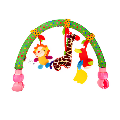 Bara de activitati cu jucarii senzoriale pentru bebelusi, balansoar, patut sau carucior, bufnita, papagal, gaina