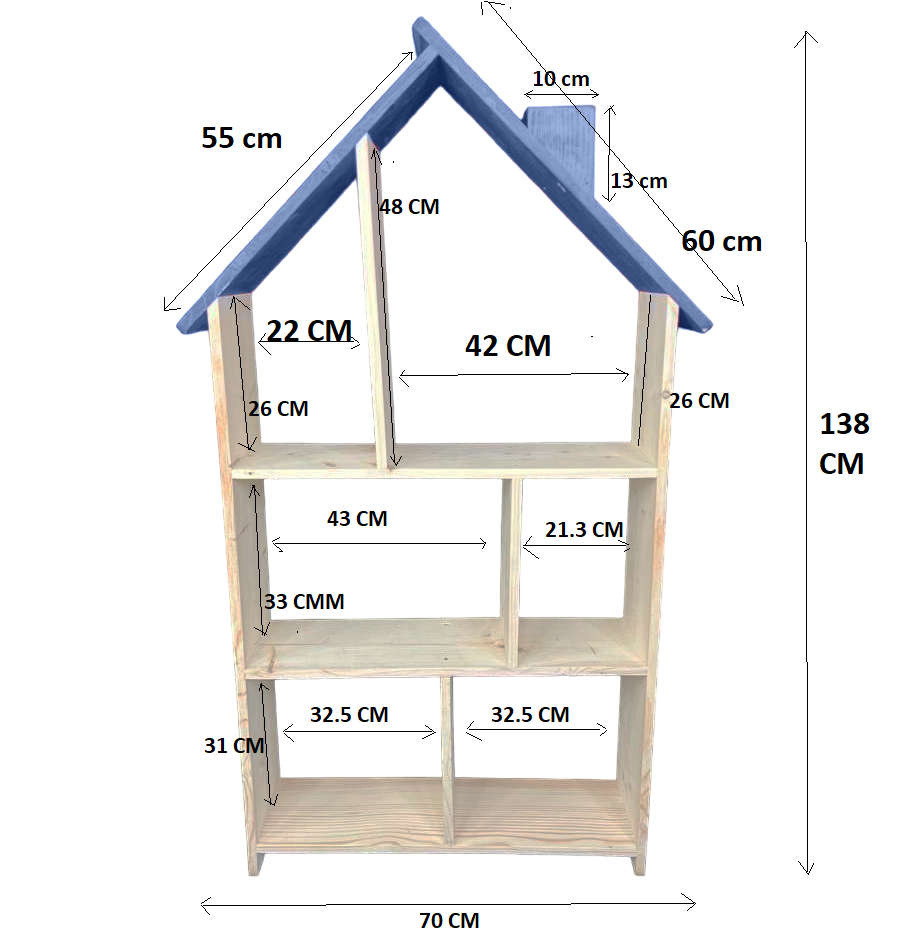 Bibliotecă tip căsuță din lemn, organizator birou cu 3 etaje, suport creioane, 138x70x18 cm