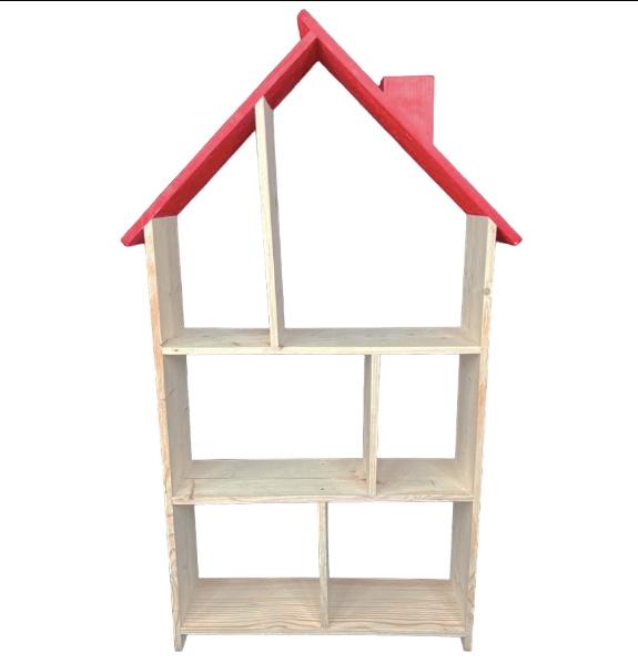 Bibliotecă tip căsuță din lemn, organizator birou cu 3 etaje, suport creioane, 138x70x18 cm - BUZ.RO