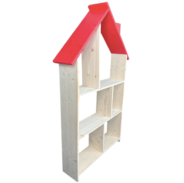 Bibliotecă tip căsuță din lemn, organizator birou cu 3 etaje, suport creioane, 138x70x18 cm - BUZ.RO