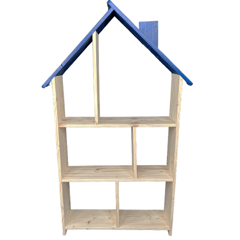 Bibliotecă tip căsuță din lemn, organizator birou cu 3 etaje, suport creioane, 138x70x18 cm - BUZ.RO