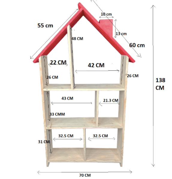 Bibliotecă tip căsuță din lemn, organizator birou cu 3 etaje, suport creioane, 138x70x18 cm - BUZ.RO