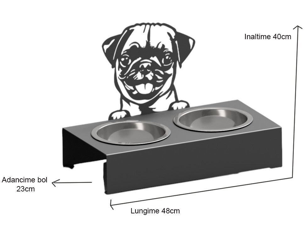 Bol pentru mancare si apa catei , din inox cu decor in forma de catel 40x48x23 cm