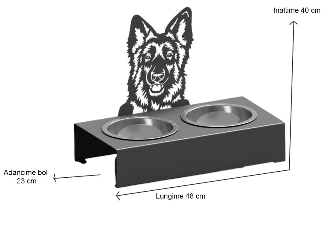 Bol pentru mancare si apa catei , din inox cu decor in forma de catel 48x40x23 cm