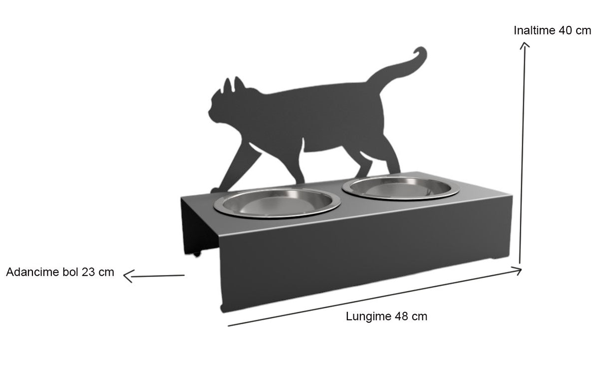 Bol pentru mancare si apa pisici , din inox cu decor in forma de pisica 48x40x23 cm