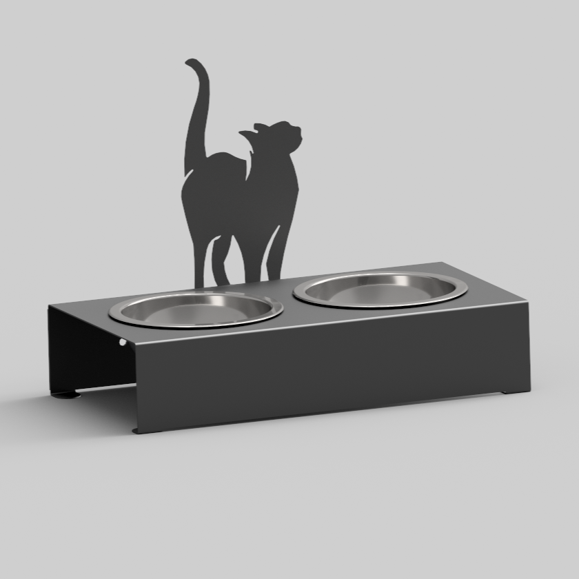 Bol pentru mancare si apa pisici , din inox cu decor in forma de pisica 48x40x23cm