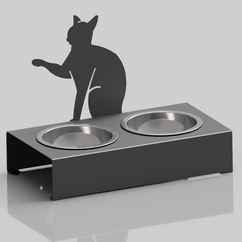 Bol pentru mancare si apa pisici , din inox cu decor in forma de pisica 48x40x23cm