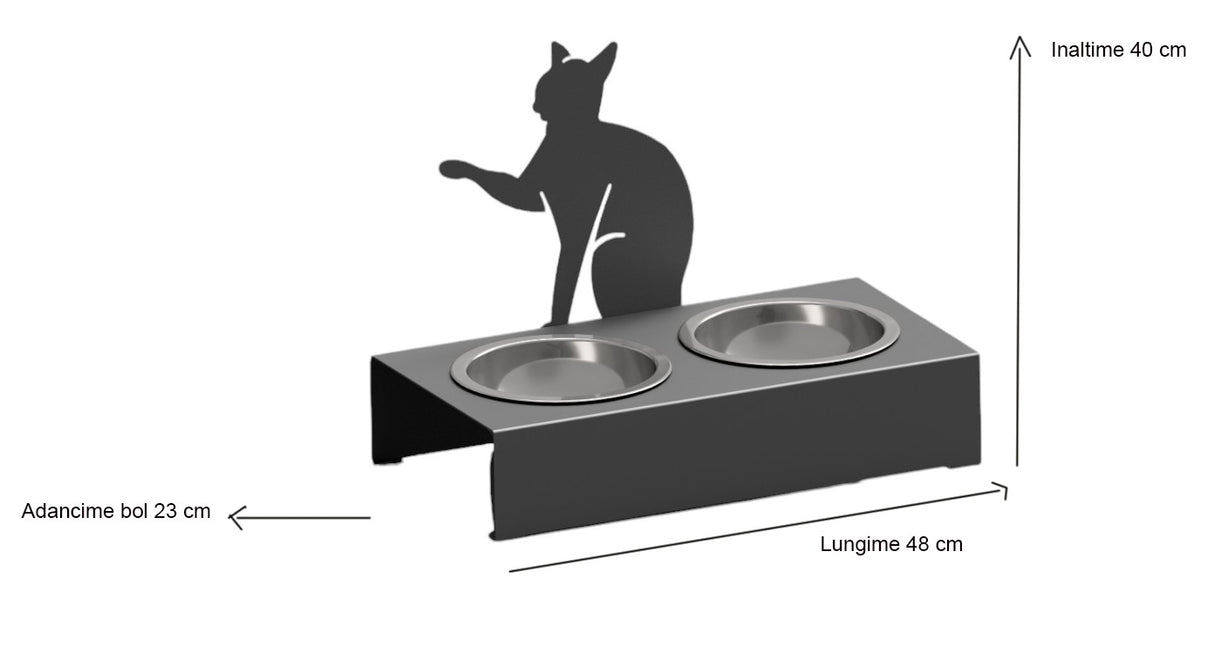 Bol pentru mancare si apa pisici , din inox cu decor in forma de pisica 48x40x23cm
