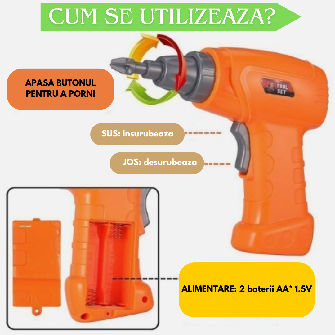 Bormasina electrica din plastic cu baterii pentru copii