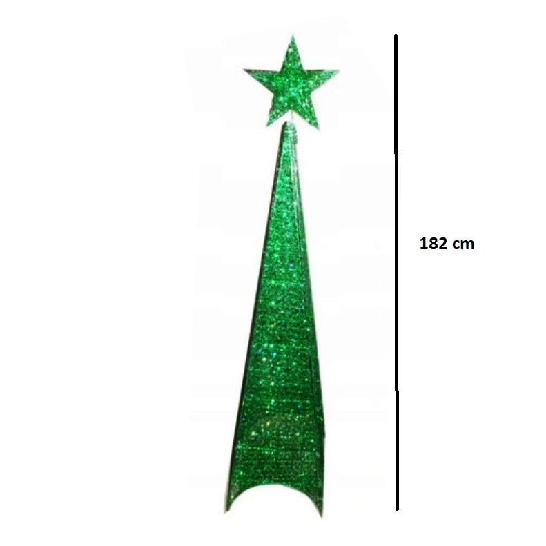 Brad de Craciun artificial, metalic, verde, cu LED galben – 182 cm, pliabil pentru exterior și interior, brad artifi