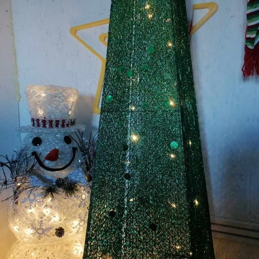 Brad de Craciun artificial, metalic, verde, cu LED galben – 182 cm, pliabil pentru exterior și interior, brad artifi