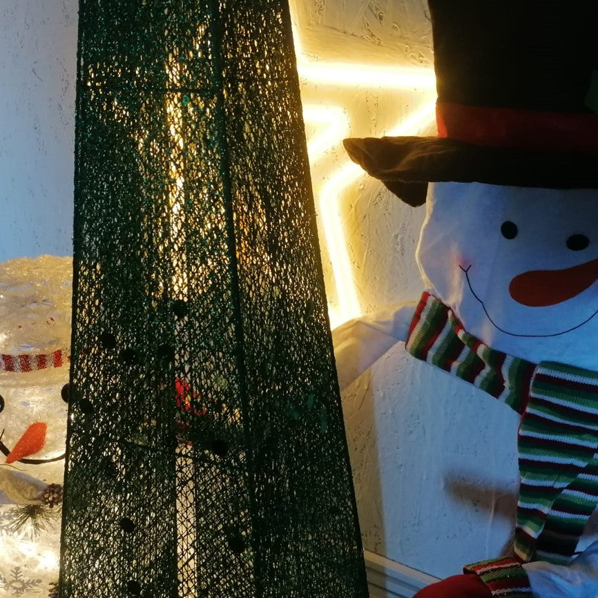 Brad de Craciun artificial, metalic, verde, cu LED galben – 182 cm, pliabil pentru exterior și interior, brad artifi