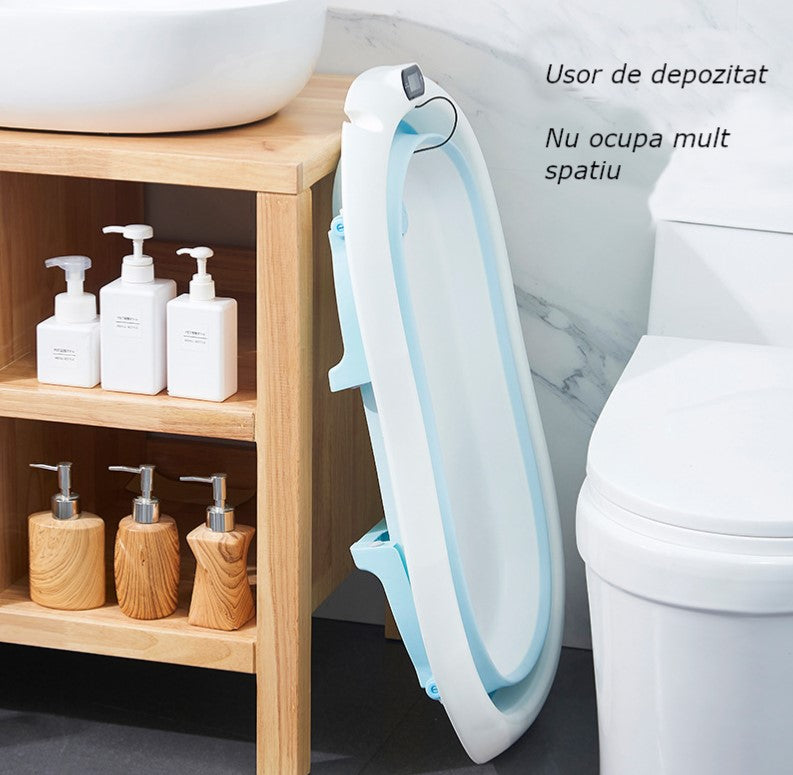 Cadita bebe cu suport, cadita de baie, pliabila, cu pernuta , termometru, usor de utilizat, picioare antiderapante, varsta 0-3 ani, albastru ROZ