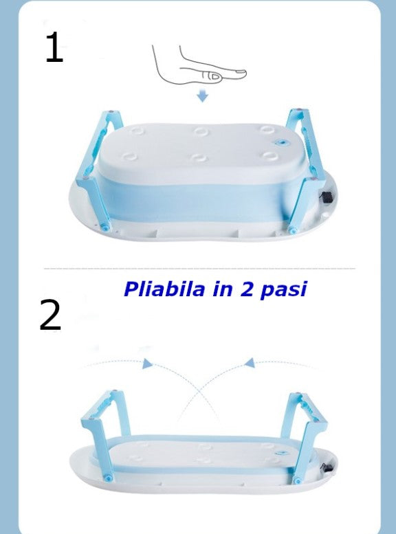 Cadita bebe cu suport, cadita de baie, pliabila, cu pernuta , termometru, usor de utilizat, picioare antiderapante, varsta 0-3 ani, albastru ROZ