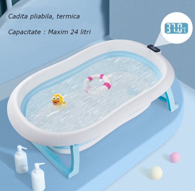 Cadita bebe cu suport, cadita de baie, pliabila, cu pernuta , termometru, usor de utilizat, picioare antiderapante, varsta 0-3 ani, albastru ROZ