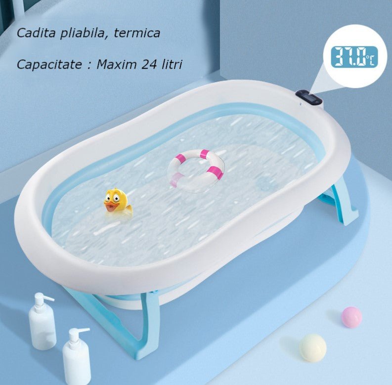 Cadita bebe cu suport, cadita de baie, pliabila, cu pernuta , termometru, usor de utilizat, picioare antiderapante, varsta 0 - 3 ani, albastru ROZ - BUZ.RO