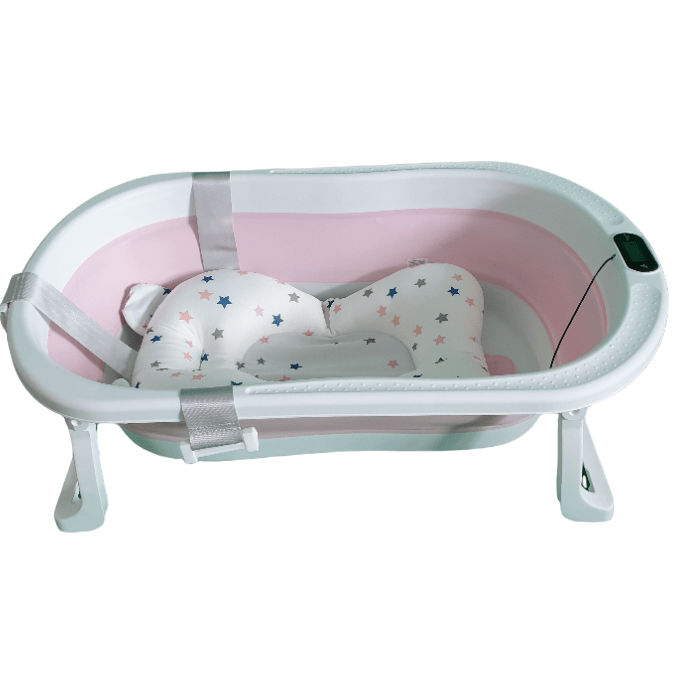 Cadita de baie pliabila, cu pernuta si bureti, termometru, pliere rapida, usor de utilizat, picioare antiderapante, varsta 0 - 3 ani, 25l, roz, buz - BUZ.RO
