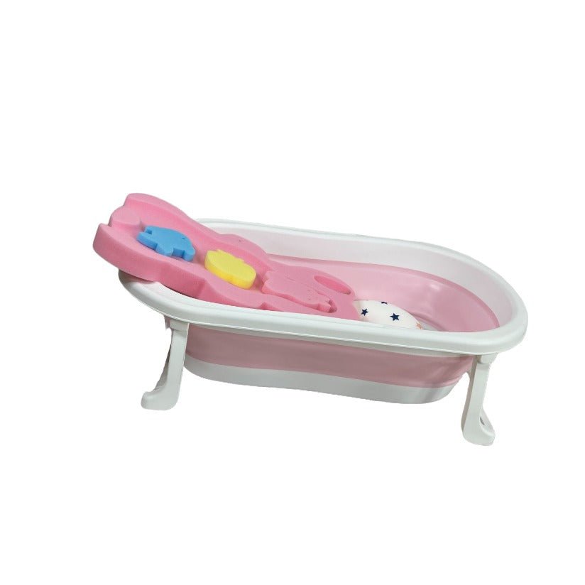 Cadita de baie pliabila, cu pernuta si bureti, termometru, pliere rapida, usor de utilizat, picioare antiderapante, varsta 0 - 3 ani, 25l, roz, buz - BUZ.RO