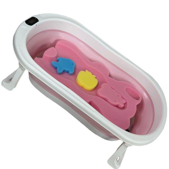 Cadita de baie pliabila, cu pernuta si bureti, termometru, pliere rapida, usor de utilizat, picioare antiderapante, varsta 0 - 3 ani, 25l, roz, buz - BUZ.RO