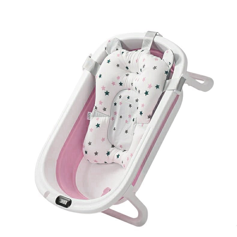 Cadita de baie pliabila, cu pernuta si bureti, termometru, pliere rapida, usor de utilizat, picioare antiderapante, varsta 0 - 3 ani, 25l, roz, buz - BUZ.RO
