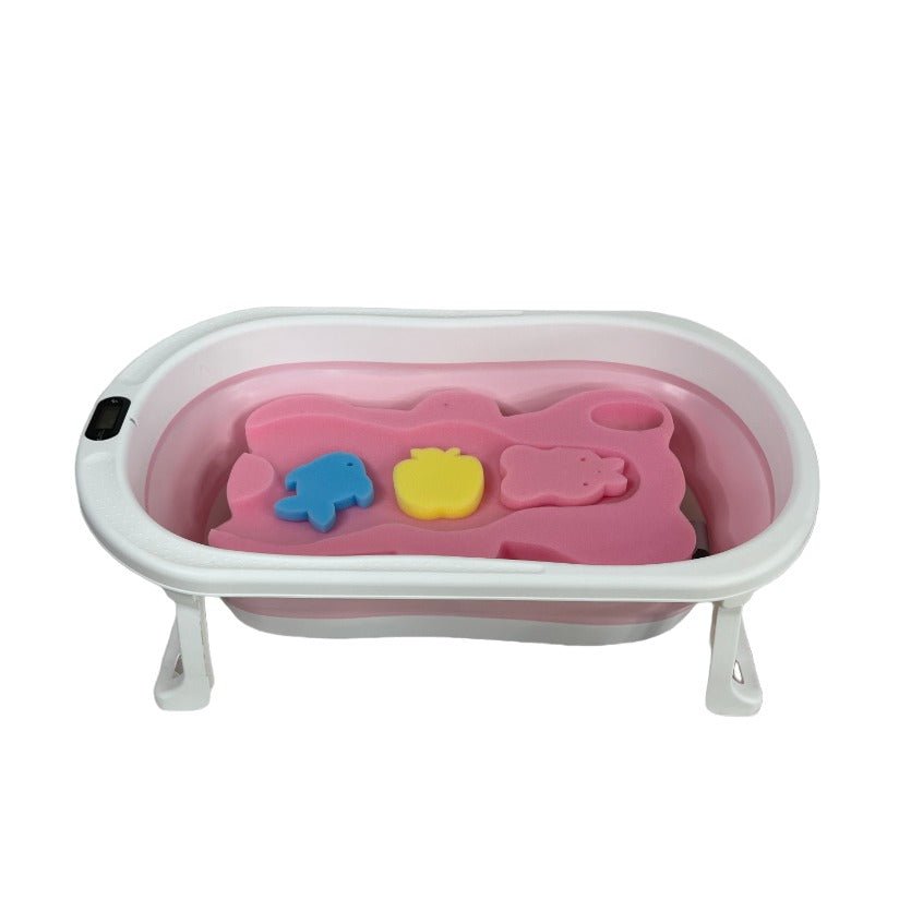 Cadita de baie pliabila, cu pernuta si bureti, termometru, pliere rapida, usor de utilizat, picioare antiderapante, varsta 0 - 3 ani, 25l, roz, buz - BUZ.RO