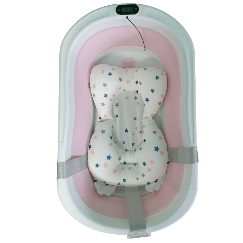 Cadita de baie pliabila, cu pernuta si bureti, termometru, pliere rapida, usor de utilizat, picioare antiderapante, varsta 0 - 3 ani, 25l, roz, buz - BUZ.RO